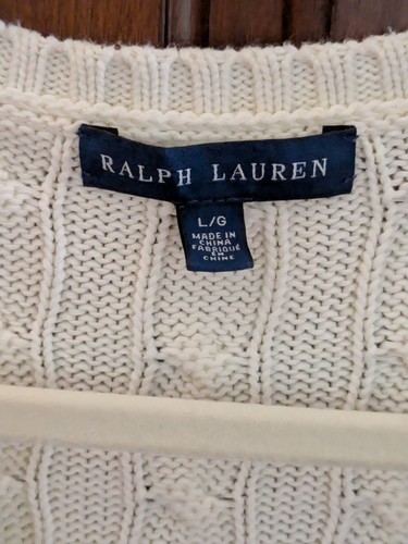 Ralph Lauren Cable knit Sweater Womens Cream V Neck Preppy size Large - Picture 4 of 4