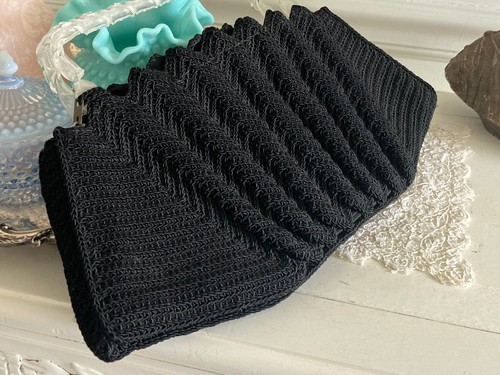 Vtg1940s Black Corde Handbag Purse Scalloped Edge Lucite Twisted Handle 17" - Picture 3 of 9
