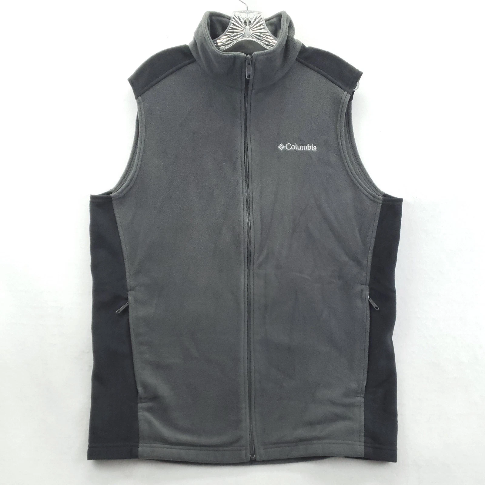 Columbia Fleece Vest Mens Large Tall Gray Black Full Zip Mock Neck Pockets Logo