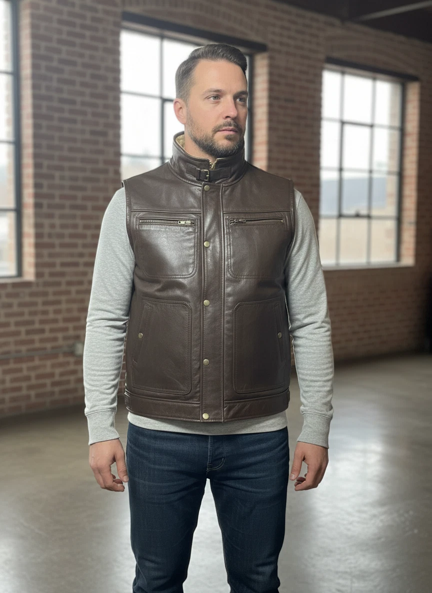 Mens Brown Leather Vest Motorcycle Biker Riding Waistcoat Tactical Pocket Jacket