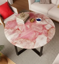 Rose Quartz Round Coffee Table Top – Natural Gemstone Slab, Luxury Crystal Decor