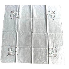 Vintage linen blend tablecloth topper embroidery cutwork creamy white square