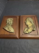 Vintage Brass Lincoln & Washington Wall Plaques on Wood 3D Relief Set of 2 USA
