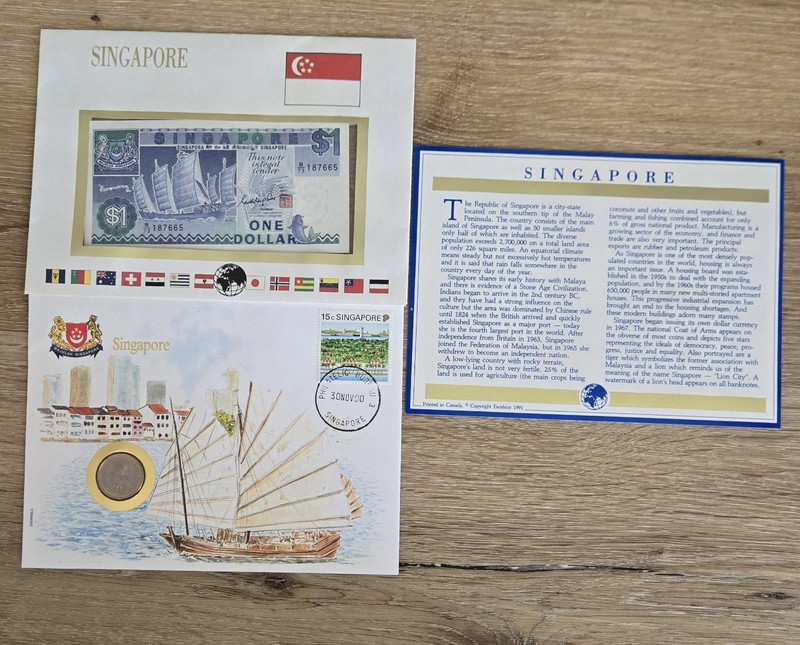 1980-90s Singapore First Day Cover 20 Cent Coin & One Dollar Ship Series Note