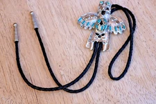 Vintage Bolo Tie Native American Kachina Eagle Dancer Blue Silver Toned Necktie
