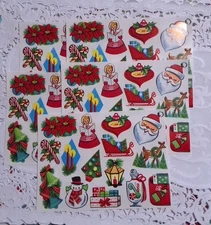 75 Vintage Christmas Gummed Seals Snowman Santa Deer Bells Sled 5 Sheets