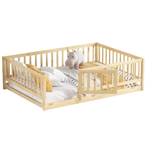 Full Size Floor Bed with Slats, Montessori Floor Bed with Fence and Door, Kids M - Picture 4 of 13