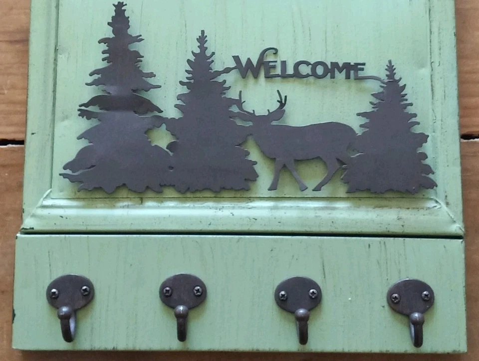 Rustic Style Metal "Welcome" Frame W/ Chalkboard, Hooks,Deers & Pine Trees - Image 2 of 4