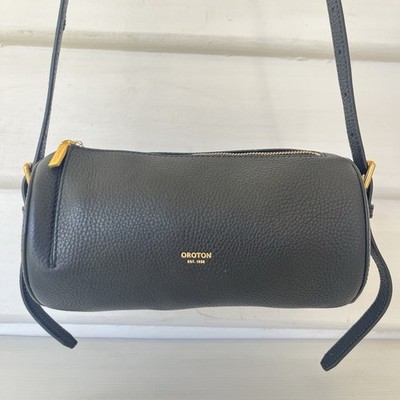 Oroton Brodie Black Pebbled Leather Soft Drum Shoulder Crossbody Bag Cylinder