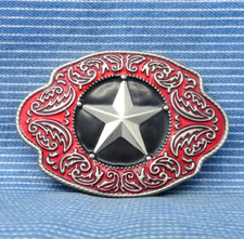 Western Star  Scroll Belt Buckle Cowboy Cowgirl Red Black Enamel Vtg 90s.CPA583