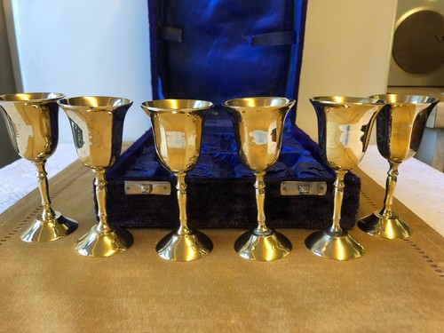 Vintage Boxed set of 6 x Solid  Brass port/cordial drinking goblets VGC - Foto 3 di 7