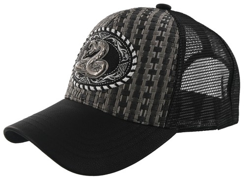 ¡NUEVO! GORRA BOLA DE MALLA DE PAJA METAL COBRA CUERO SINTÉTICO SOMBRERO NEGRO - Imagen 2 de 4