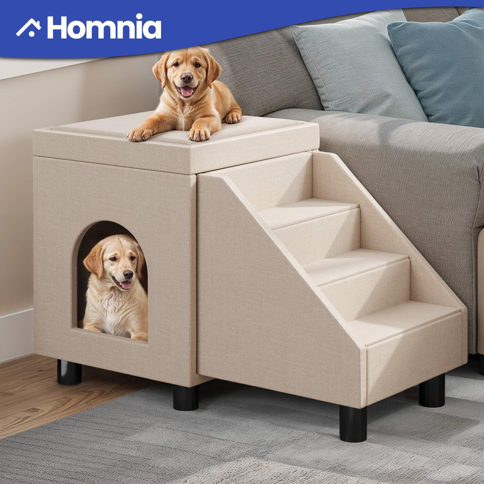 2-in-1 Pet Condo Foldable Small Dog Stairs for Bed & Couch with 3 Hide Able Step