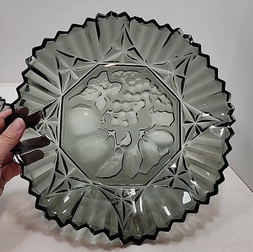 2 Vtg Federal Glass Pioneer Smoke Carnival Glass Ruffled Bowls W/ Fruit Pattern - Picture 11 of 13