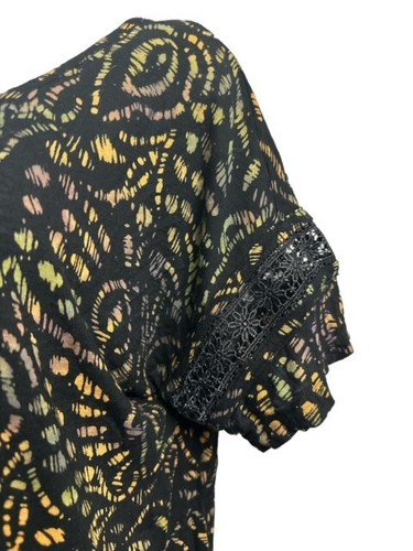 Santiki Medium Top Black Orange Green Floral Rayon Crochet Lace Short Sleeves - Picture 4 of 6