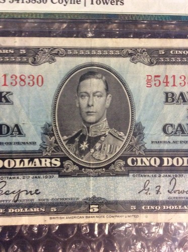 1937 $5 Canda Banknote BC-23c S/N D/S 5413830 Coyne | Towers PMG 30 EPQ - Picture 9 of 12