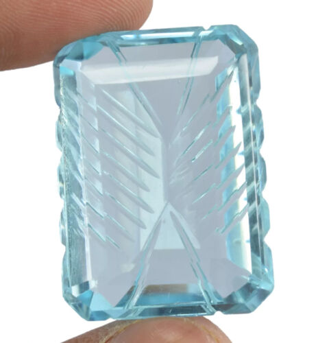 101.10 Carat Natural Emerald Shape Carved Blue Topaz Certified Loose Gemstone - Picture 2 of 5