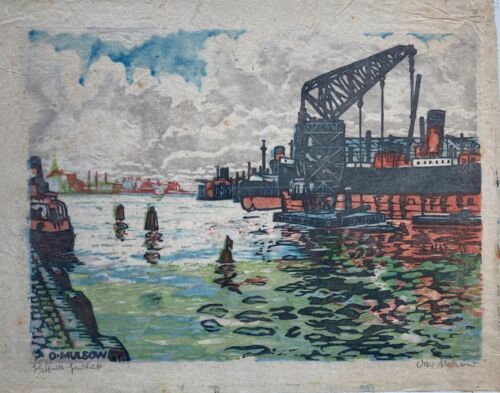 Otto Mulsow (1902-1973) Hafen Kiel Ostsee Farbholzschnitt - Bild 1 von 9
