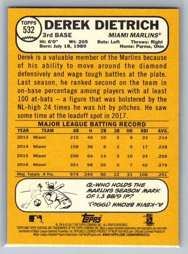 Derek Dietrich 2017 Topps Heritage BASEBALL #532 Miami Marlins - Picture 2 of 2