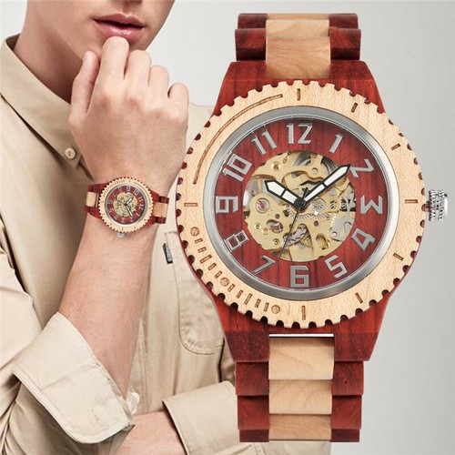Antique Men's Wood Watch Sandalwood Auto Mechanical Wristwatch Full Wooden Band - Picture 11 of 26