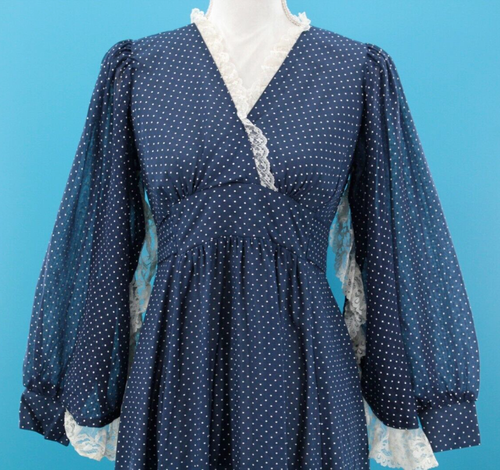 VTG Women's 70s Navy Polka Dot Peasant Maxi Dress W/ Wing Sleeves S/M 1970s - Picture 8 of 14