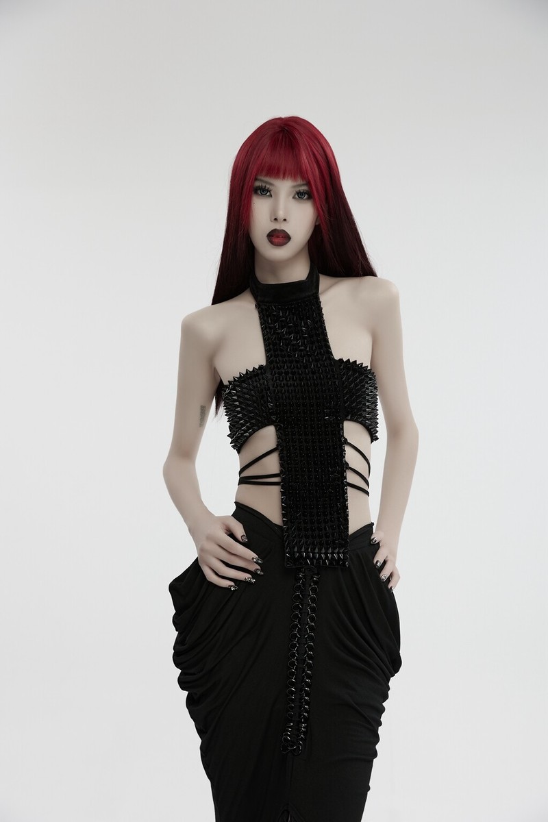 Punk Rave Women Black Gothic Punk Sexy Spiked Rivet Cross