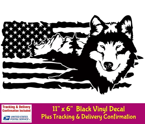 11" Wolf Scene American Flag Black Vinyl Decal Car Truck Van Trailer Camper RV