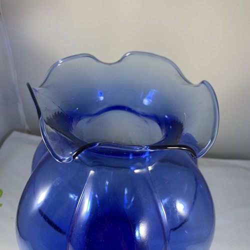 Vintage Vase Blue Ruffled Top Blown in Mold Glass 9 In Tall - Picture 3 of 8
