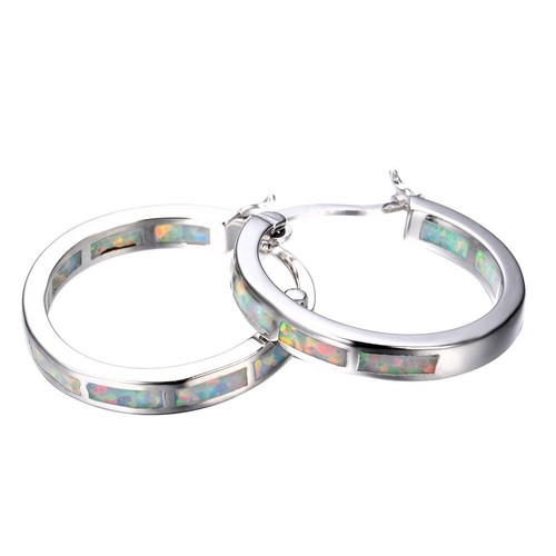 Hawaii Beach 20mm Round White Fire Opal Earrings Silver Filled For Women Girls - Picture 6 of 11