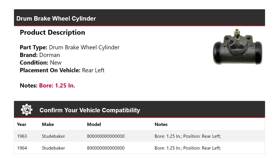 Cilindro de rueda de freno de tambor trasero izquierdo Studebaker 8E14 Dorman 1963-1964 Foto 2 de 3