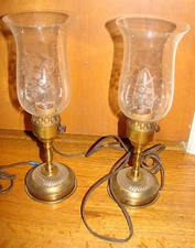 Vintage Electric Small Brass LAMPS with Etched Grape Shades Flicker Flame Bulbs 