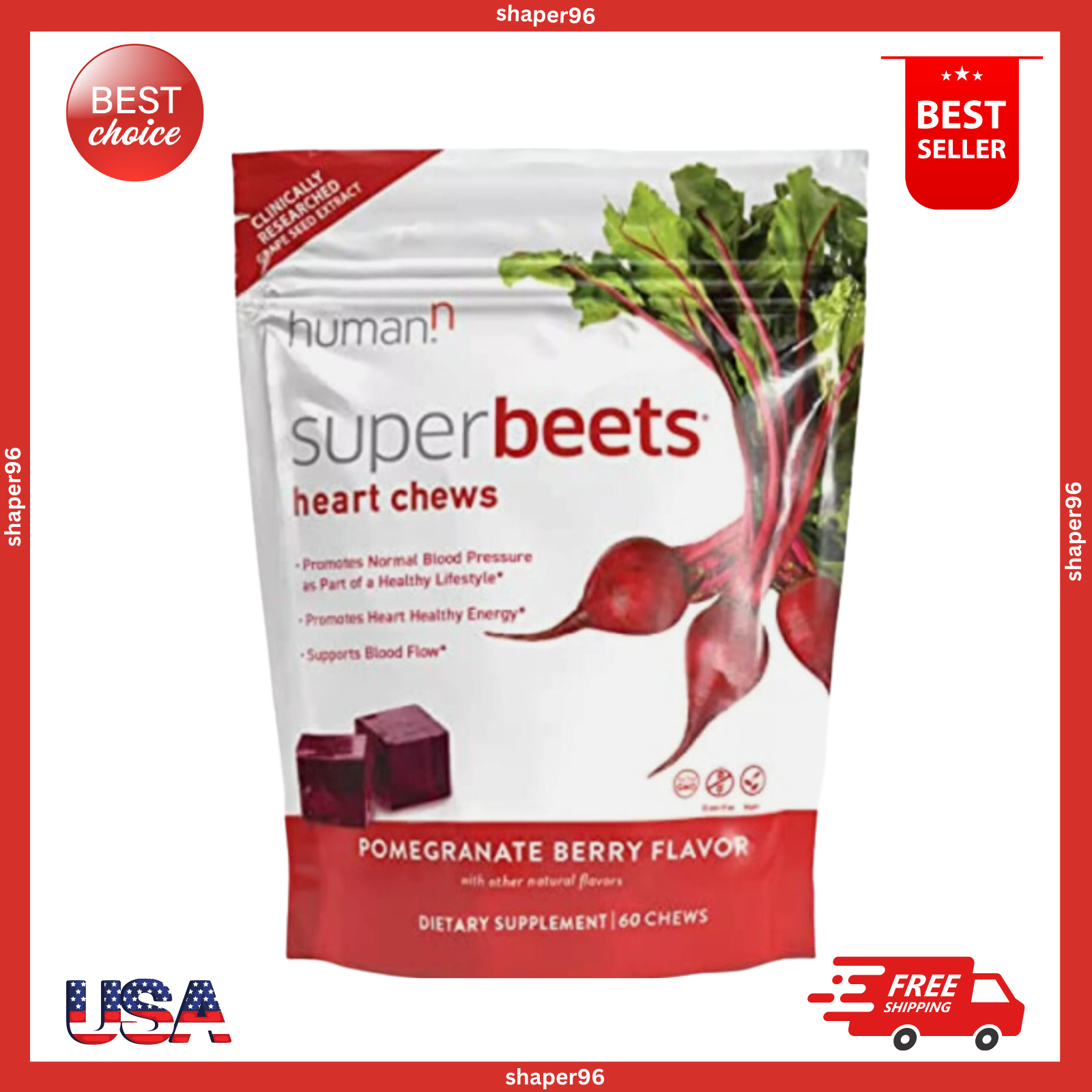 HumanN SuperBeets 60 Count Grape Seed Beet Energy Chews Pomegranate