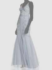  358 Aqua Women's Blue Sleeveless Embellished Mesh V-Neck Gown Dress Size 4