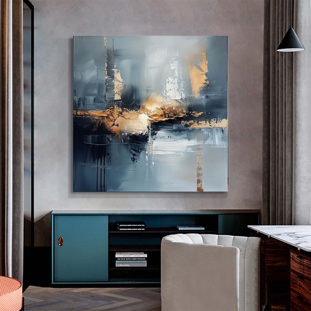 Image showcasing Urban Living Room Art Abstract Handmade Cityscape Oil Painting On