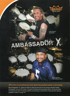 2010 Print Ad of Remo Drumheads w Nicko McBrain Iron Maiden, Carter Beauford DMB