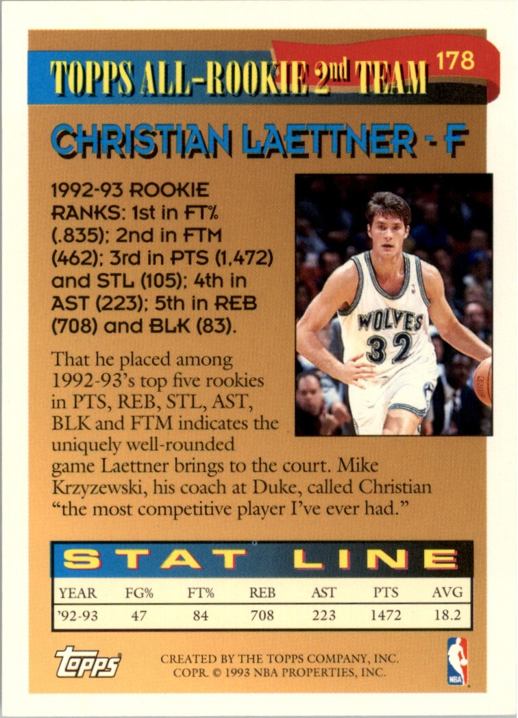 1993-94 Topps #178 Christian Laettner All-Rookie Minnesota
