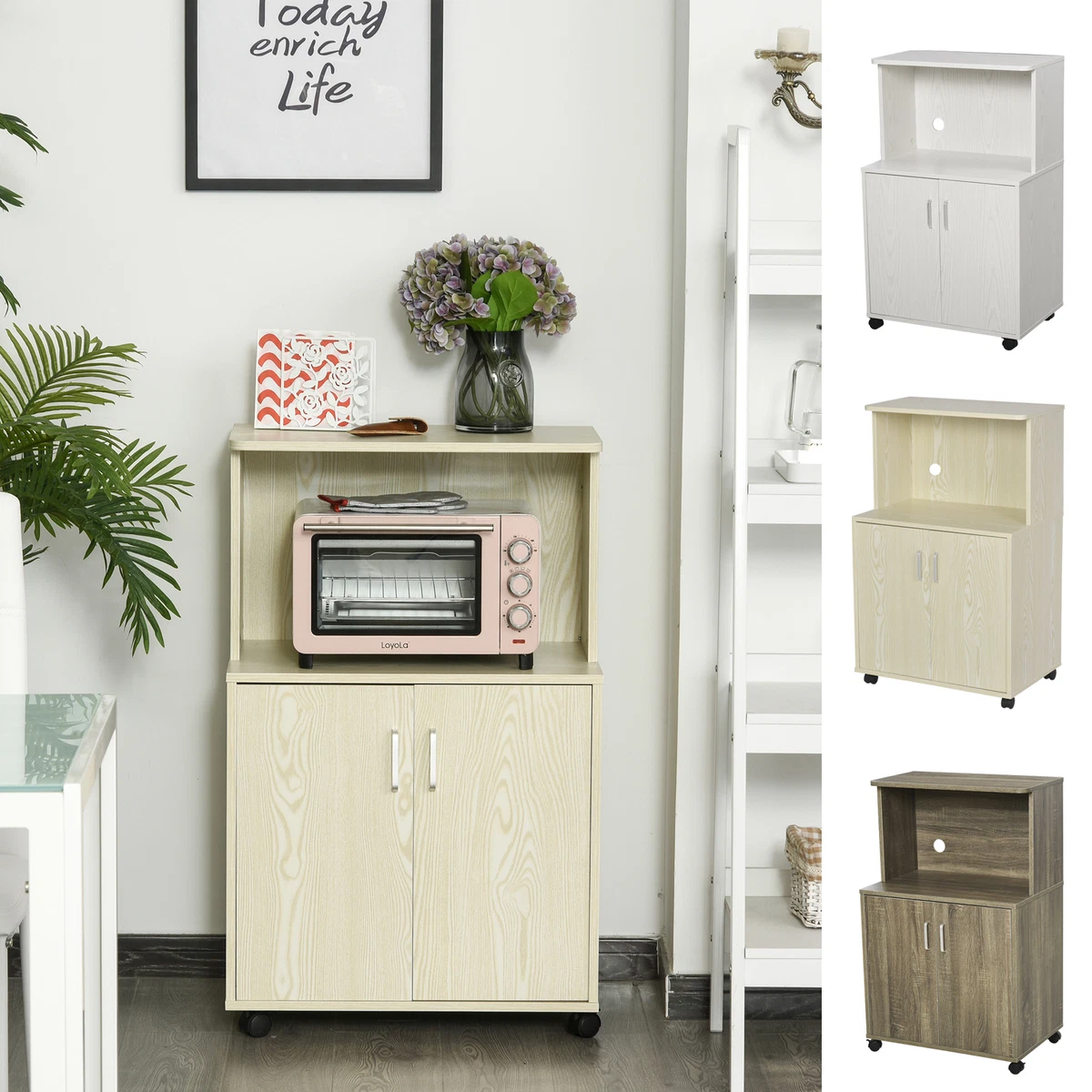 Wooden Microwave Cart on Wheels Modern Storage Shelf 2 door Cabinet Trolley