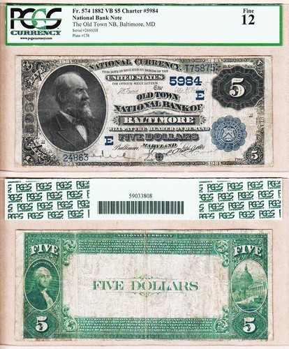 Baltimore, MD $5 1882 Value Back Fr. 574 Old Town National Bank Ch#5984 PMG F12