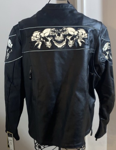 NEW Dream Apparel Men Black Leather Reflective Skulls Motorcycle Riding Jacket-L - Picture 3 of 7