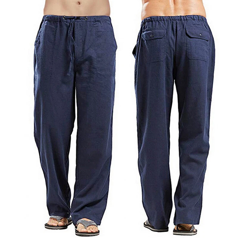 Men Casual Cotton Linen Baggy Trousers Wide Leg Elastic Waist Loose Harem Pants - Image 4 of 4