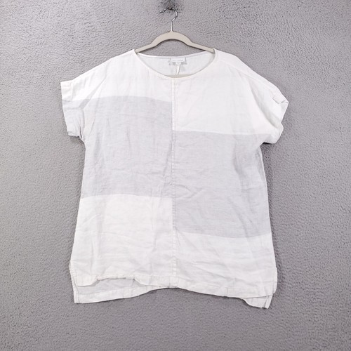 Pure Jill Linen Blouse Womens Medium White Gray Color Block Patchwork Top - Picture 2 of 10