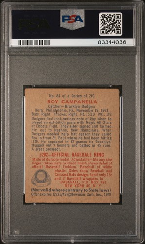 1949 Bowman 84 Roy Campanella Rookie Card RC - PSA 3 VG - Brooklyn Dodgers HOFER - Picture 2 of 2