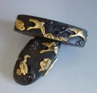 fuchi kashira crane cloud gold inlay nanako samurai Sword fitting tsuba Edo