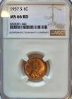 1937-S   NGC MS-66   Red   Lincoln Cent.  #328   Free Shipping.