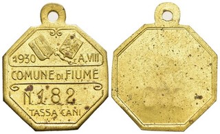 FITZ Italien Kroatien Fiume Rijeka Hundesteuermarke Fascist 1930 Messing ØMAS885