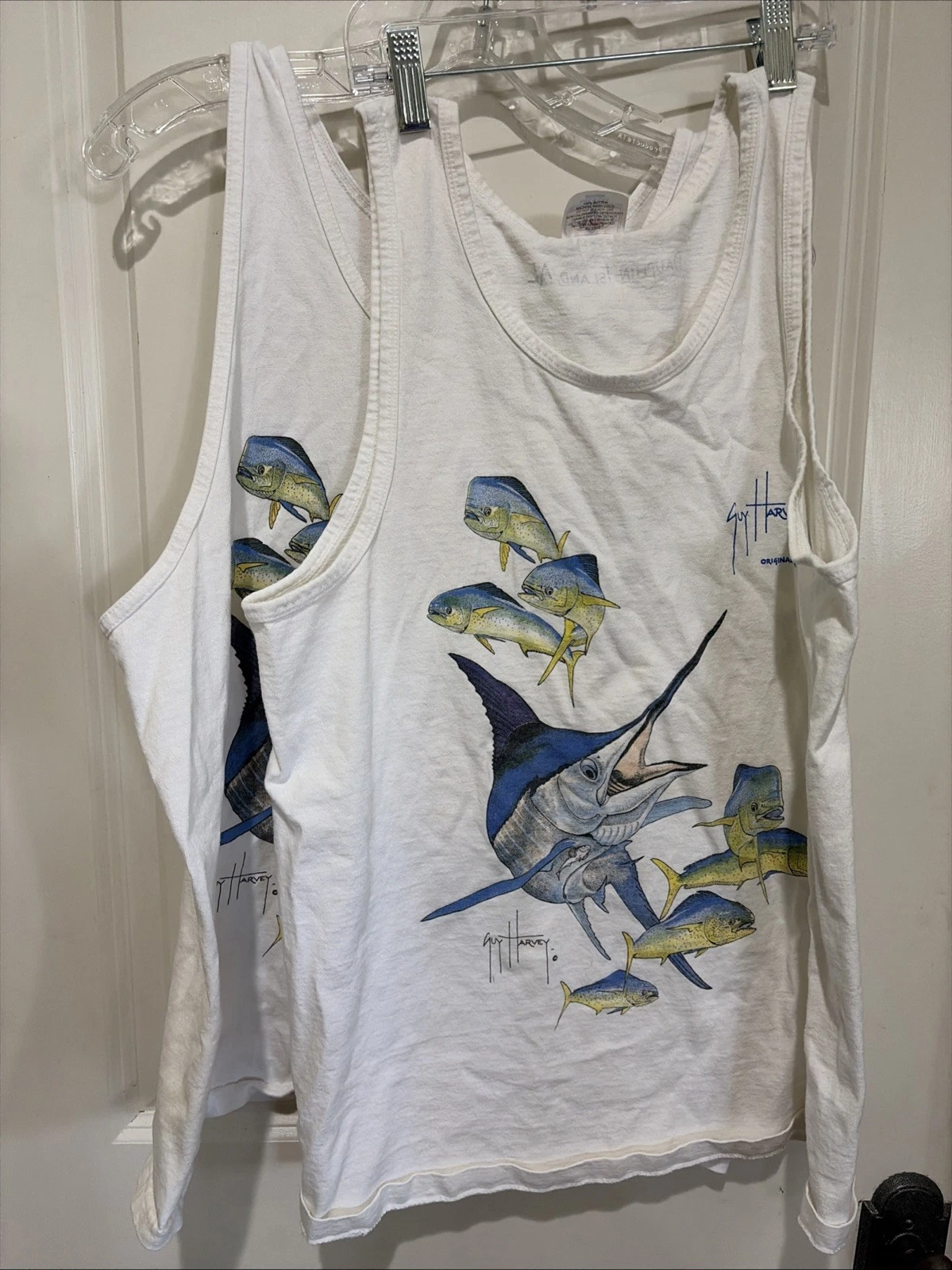 2 VTG Guy Harvey Blue Marlin Fishing White Sleeveless Tank Muscle Shirts Medium
