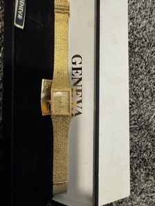Authentic Geneva 18KT Gold Plated Men's Dress Rectangular Analog Wristwatch w/ Box