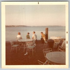 Vtg Color Snapshot People Patio Tables Waterfront Deck Pier Lake View May 1969