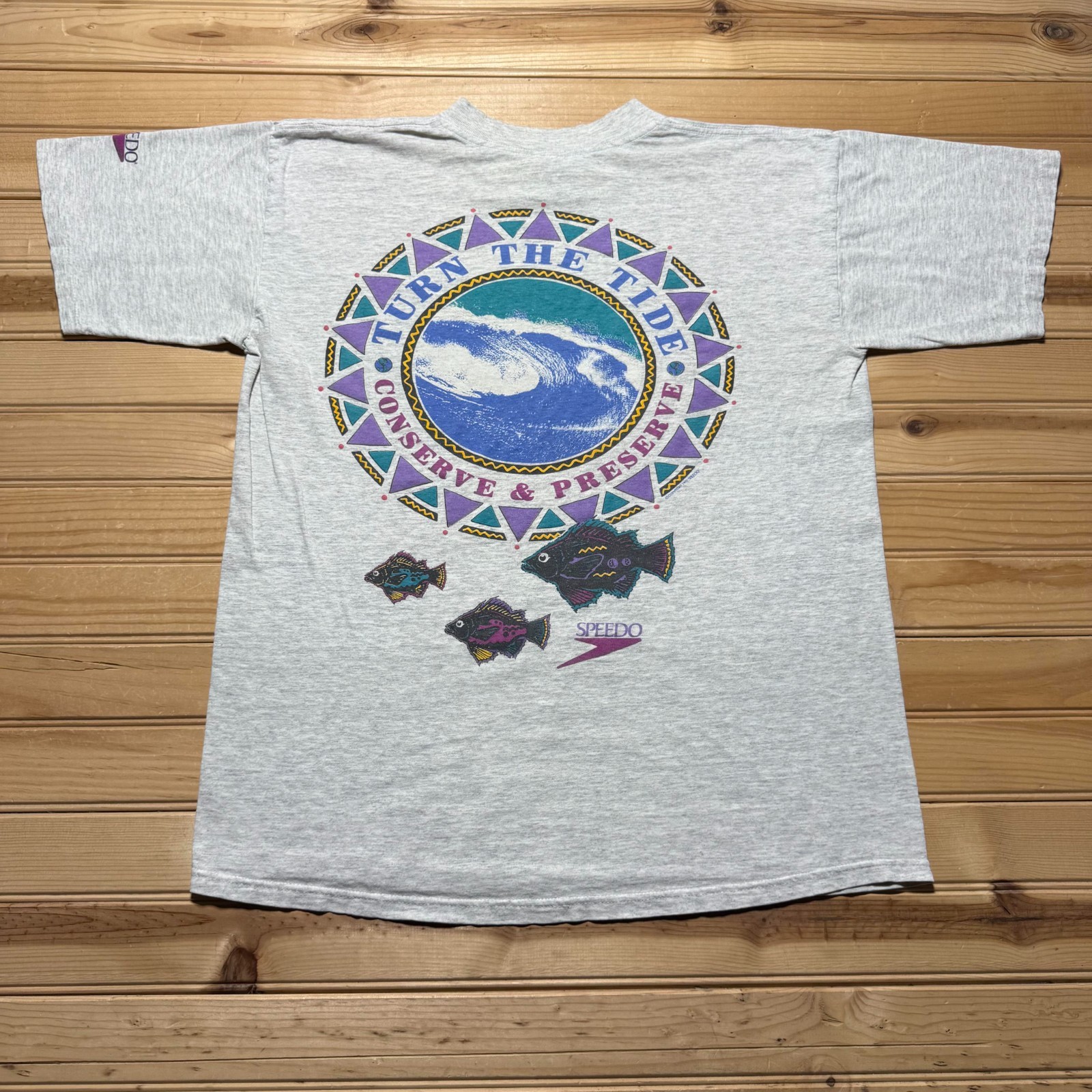 Vintage 1992 Turn the Tide Conserve & Preserve Fish Surf Graphic Shirt USA Large