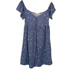 See You Monday Dress Babydoll Ribbed Spring Floral Flower Printed Blue Dress S